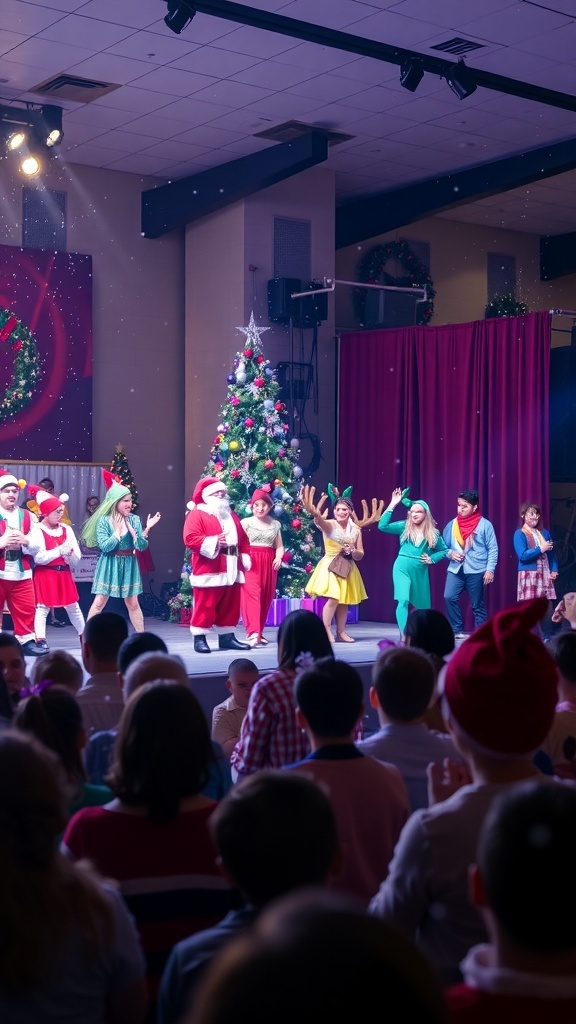 Performers in Christmas costumes on stage with festive decorations and an engaged audience.